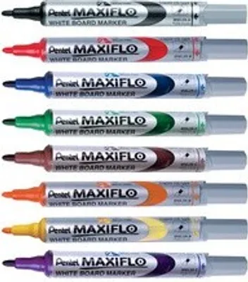 A collection of Pentel MAXIFLO whiteboard markers in various colors.