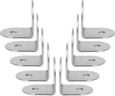 A collection of L-shaped metal brackets arranged in a staggered pattern on a white background.