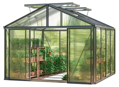 Produktbild von GFP Gewächshaus Asteria 22 Premium 311x311 cm mit integriertem Fundament 16 mm Doppelstegplatten, Farbe Anthrazit