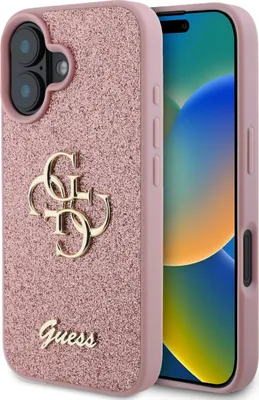 A pink glittery iPhone case with a gold Guess logo and branding is shown next to an iPhone.