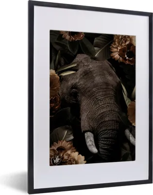 Produktbild von MuchoWow® MuchoWow® Gerahmtes Poster Elefant - Pflanzen - Blumen 30x40 cm - Poster mit zchwarzem Bilderrahmen - Wandposter Schlafzimmer