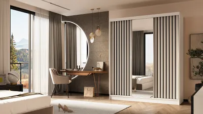 Produktbild von ALTDECOR Kleiderschrank mit Spiegel und Schiebetüren, kugelgelagerte Führungsschienen und Aluminium-Leisten - LAMELO - 180 cm - Weiß/Weiß/Schwarz