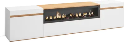 A long, white media console with a built-in electric fireplace and a wooden top.