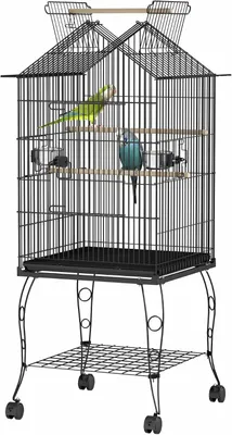Productafbeelding van QEENTOE 55x55x145 cm. Grote metalen vogelkooi met standaard en wielen. Ruime volière voor papegaaien, kanaries, parkieten en andere kleine vogels. Kleur: zwart