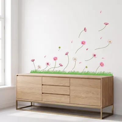 Produktbild von Dekorative Wandaufkleber mit farbenfrohen Gerbera-Blüten und Gras