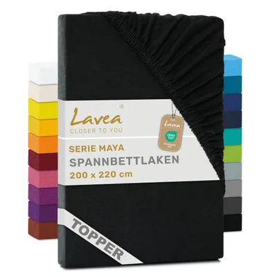 Zdjęcie produktu dla Lavea® Prześcieradło na materac z dodatkową warstwą, 200x220 cm, Maya, 100% bawełna dżersej – Miękkie prześcieradło na materac z dodatkową warstwą do 10 cm – Czarny