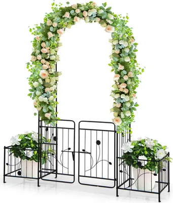 Produktbild von GOPLUS Rosenbogen aus Metall, Torbogen mit Türen & Pflanzkästen, Rosentor Rankbogen Gartenbogen Rankhilfe, 202 x 50 x 220cm, Schwarz