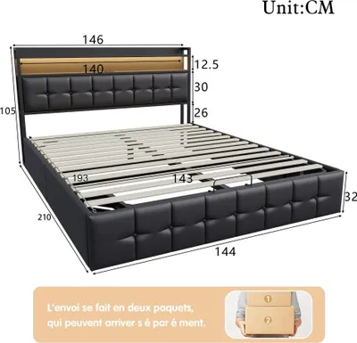 Produktbild von Polsterbett - Doppelbett mit Stauraum - 140x200 cm - LED-Beleuchtung - USB-Ladefunktion - Lattenrost - Schwarzes Kunstleder