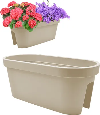 Produktbild von 2er Set Balkon Geländer Blumenkasten, Geländertopf, Balkonkasten, Blumentopf, Blumenkübel, Pflanztopf Railing oval 59x26cm taupe