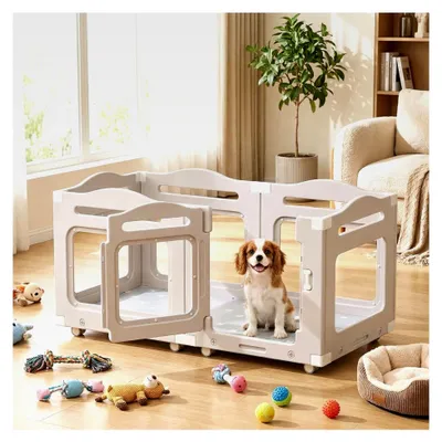 Produktbild von Acryl Welpenauslauf 126×68 cm, Laufstall für Hunde mit Rädern und Bodenplatte, 64 cm hoch, Wurfkiste für Welpen mit wasserdichter Matte, Indoor-Hundezwinger, Warmgrau