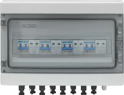 Obrázok produktu pre Solárny FV rozvádzač - 4 vstupy/4 výstupy - vypínač záťaže - DC 1000V - 8 konektorov - vodotesný IP65 - ochrana proti prepätiu - 15A/25A - slonová kosť