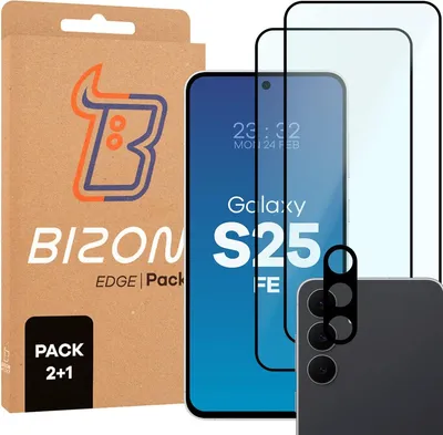 Produktbild von Gehärtetes Glas - 2 Stück + Kameraschutz für Galaxy S25 FE, Bizon Glass Edge Pack, Schwarz