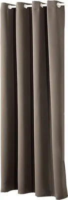 Four taupe-colored curtains hanging from a rod.