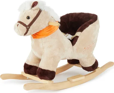 A stuffed rocking horse toy with a safety seat and a wooden base.