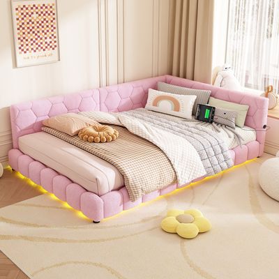 Łóżko tapicerowane Flieks 140x200cm z USB, rozkładana sofa ze stelażem listwowym, łóżko młodzieżowe dzienne z LED, łóżko gościnne rozkładana sofa dwuosobowa, aksamit, różowy