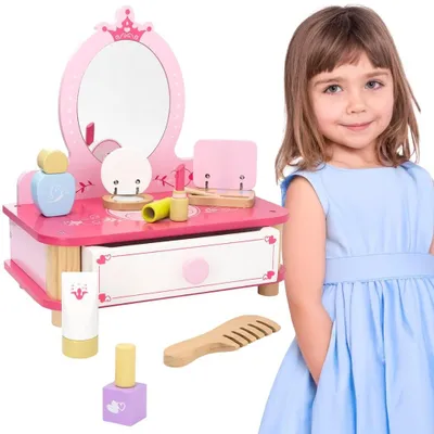 Productafbeelding van Viga Houten Roze Make-uptafel Met Spiegel + Accessoires