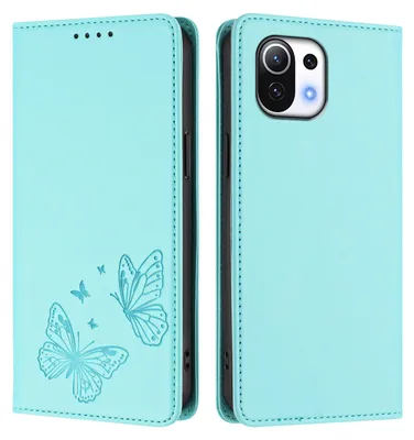 Obrázek produktu pro Kožené pouzdro pro Xiaomi Mi 11 Lite, motýlí ražbou, peněženkové flip pouzdro se stojánkem Mátově zelená