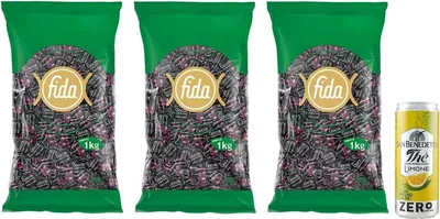 Produktbild von 3er-Pack FIDA Rossana Gocce Liquirizia Bonbons mit Lakritze gefüllte 1Kg Beutel + 1er-Pack San Benedetto Eistee mit Zitrone Ohne Zucker 330ml Dose