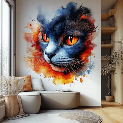 Image de Autocollant mural Decords – chat coloré, effet aquarelle, 300 cm, pour une application sur la droite