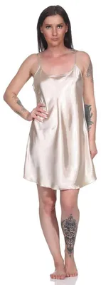 Produktbild von Damen kurzes Satin Negligé Nachtkleid Nachthemd Satin; Beige/S
