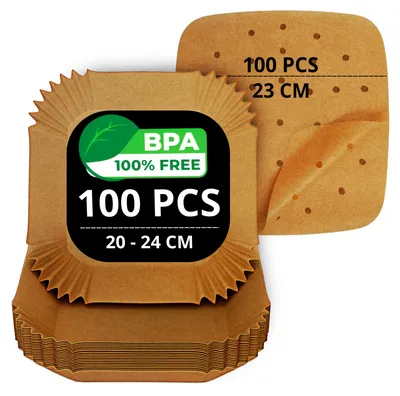 Image de Papier de cuisson pour friteuses à air chaud, sans BPA, 20–24 cm | Papier de cuisson carré et plat pour friteuses à air chaud (100+100 feuilles) pour gratins