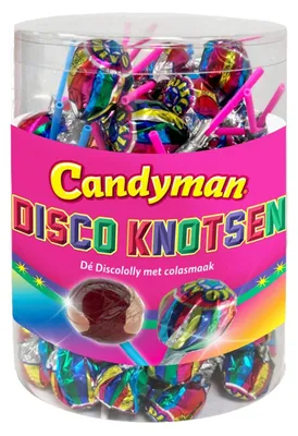Zdjęcie produktu dla Candyman Disco Lolly Cola opakowanie 100 sztuk, 1500g, owocowa przyjemność w postaci lizaków