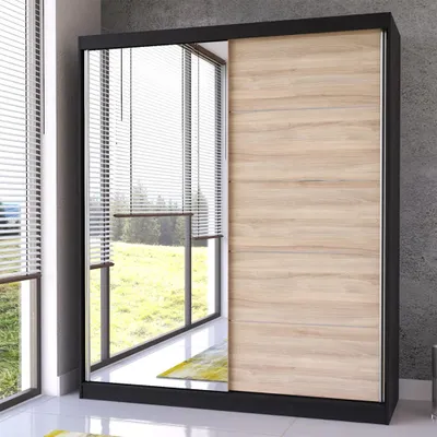 Schwebetürenschrank mit Spiegel in Schwarz/Sonoma Eiche
Breite:	183 cm
Höhe: 218 cm	
Tiefe: 61 cm