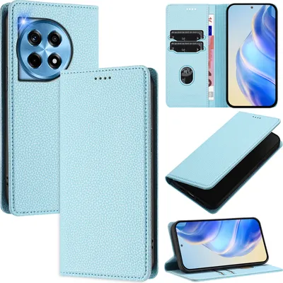 Produktbild von Litchi Leder Handyhülle für OnePlus 12R Wallet Kartenfächer Standfunktion Hülle Hellblau