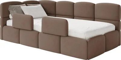 Produktbild von Selsey Cloudy – Kinderbett 120x200, Kopfteil links, Matratze & Bettkasten, Samt Braun