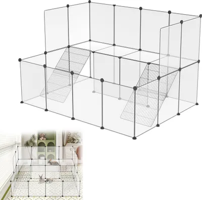 A 3D rendering of a modular pet enclosure with ramps.