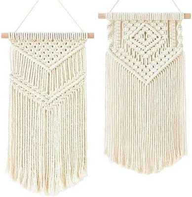 Produktbild von Ibenzoa® 2er-Set kleine Boho-Wandteppiche aus Baumwollgarn mit stabilen Holzstäben – Wandbehang für Innen & Außen, Deko für Wohnzimmer & Schlafzimmer