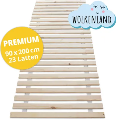 A wooden slatted bed base is shown from a slightly elevated angle against a white background. A yellow circular badge with text and a blue cloud with text are overlaid on the image.