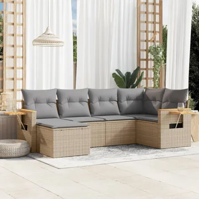 Produktbild von Design 6-tlg. Garten-Sofagarnitur mit Kissen Beige Poly Rattan, Gartenmöbel-Sets 2024 Neu