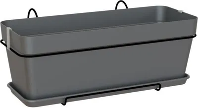 A dark gray rectangular planter box with a matching saucer and black metal hanging brackets, isolated on a white background.