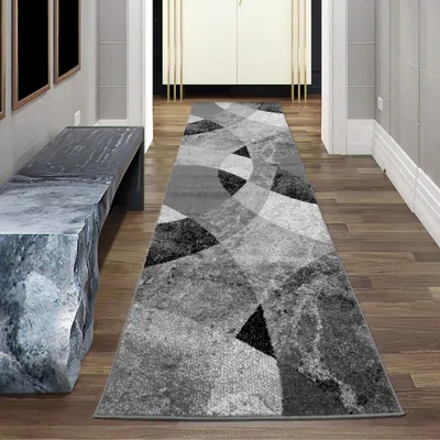 Produktbild von Moderner Wohnzimmer Teppich abstraktes Wellen Rauten Design marmoriert in schwarz grau - pflegeleicht Größe - 80 x 300 cm