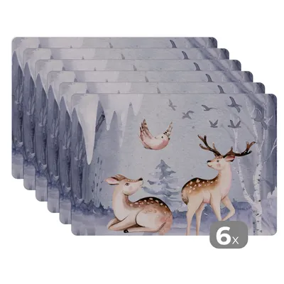Obrázok produktu pre MuchoWow® Podložky Sada 6 podložiek Umývateľné podložky 30x45x0.3cm Zima - jeleň - vták - sneh Podložka pod stôl Nekĺzavá a odolná voči teplu