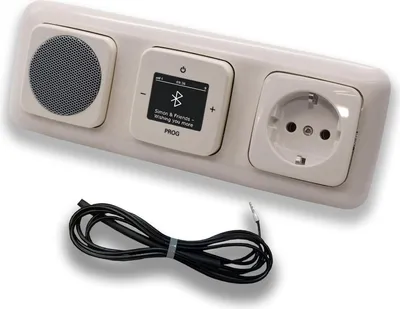 Produktbild von Busch Jäger DAB+ Unterputz Bluetooth (in and out) Radio 8217U-101 DURO2000 cremeweiß, Set mit Lautsprecher, Abdeckungen, Steckdose, Rahmen inkl. 0,9 m EBROM Wurfantenne zur Empfangsoptimierung - 8217U