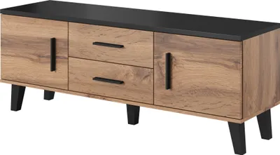 Produktbild von Furniture24 Fernsehschrank LOTTA Unterschrank Lowboard 2 Türen 2 Schubladen 140 cm breit Wotan Eiche/Schwarz
