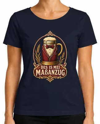 Imagen del producto de Camiseta para mujer, estilo "Dirndl" (traje tradicional bávaro), con diseño de cerveza y motivos festivos, color azul marino, talla S