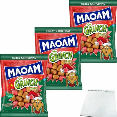 Produktbild von Haribo Maoam The Grinch mit prickelnder Brausefüllung 3er Pack (3x175g Packung) + usy Block
