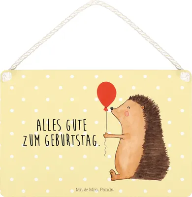 Produktbild von Mr. & Mrs. Panda Deko Schild Igel Luftballon DIN A4 - Gelb Pastell - Geschenk, Glückwunsch, wandtafel, Wandbild Holz, Ballon, Türschild, Lustige Sprüche, Geburtstag