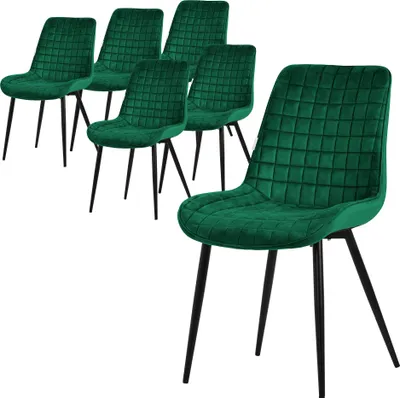 A set of six dark green velvet dining chairs with black metal legs are arranged on a white background. One chair is in the foreground, angled towards the viewer, while the other five are positioned behind it in a staggered formation.