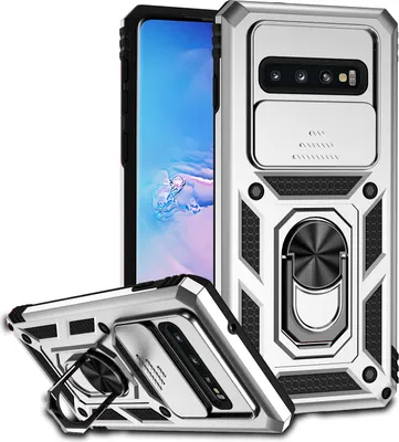 Image de Étui pour Samsung Galaxy S10 Plus étui double couche avec couvercle coulissant pour l'appareil photo et support annulaire Argent