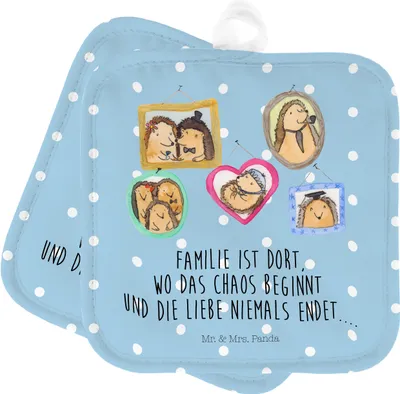 Produktbild von Mr. & Mrs. Panda Topflappen Igel Familie - Blau Pastell - Geschenk, Topfuntersetzer, 2er Set, Muttertag, topfhalter, Mama, Bilder, Liebe, Kochlappen