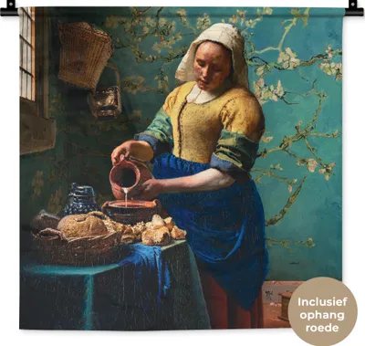 Produktbild von MuchoWow® Wandteppich Wandbehang Milchmädchen - Mandelblüte - Van Gogh - Vermeer - Gemälde - Alte Meister 60x60 cm Tapisserie Dekoration Wandtuch - Dekorationen - Wand Decke