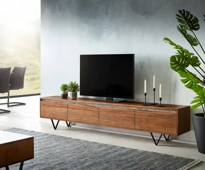 Produktbild von DELIFE Lowboard Stonegrace 220 cm Akazie Braun Baumkante 4 Türen V-Fuß Schwarz