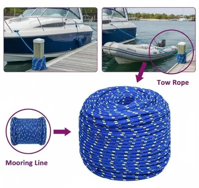 Image de Corde bleue pour bateaux - Amarre - 10 mm x 100 m - Tressée en polyester - Charge de rupture : 645 kg - Pour bateaux, camping, utilisation pour charges lourdes - Couleur : bleu