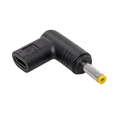 A black adapter with a USB-C connector on one end and a barrel connector on the other.
