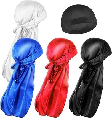 Produktbild von Vierseitige gegolfdesideenkap und eine runde Durag-Haube für Männer und Frauen - schwarz - Premium-Seide - extra lange Haarstiel - glatt - sehr weich - bequem - elastisch.