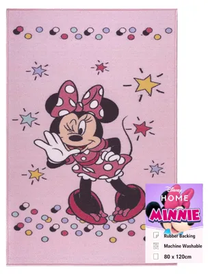 Obrázek produktu pro Dětský koberec Disney Minnie Mouse 80x120 cm – Protiskluzový hrací koberec s pěnovou výplní, měkký dívčí koberec do dětských pokojů, 100% polyester, koberec s růžovým motivem
